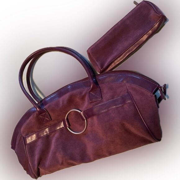 Estée LAUDER plum Microsuede 18” satchel/tote bag with matching make-up zip bag - Picture 1 of 16